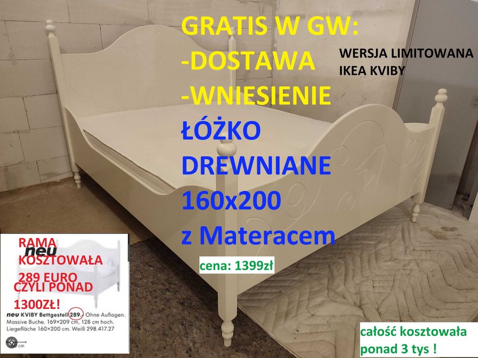 Łóżko 160x200 drewniane z materacem Gratis w GW Dostawa i wniesienie