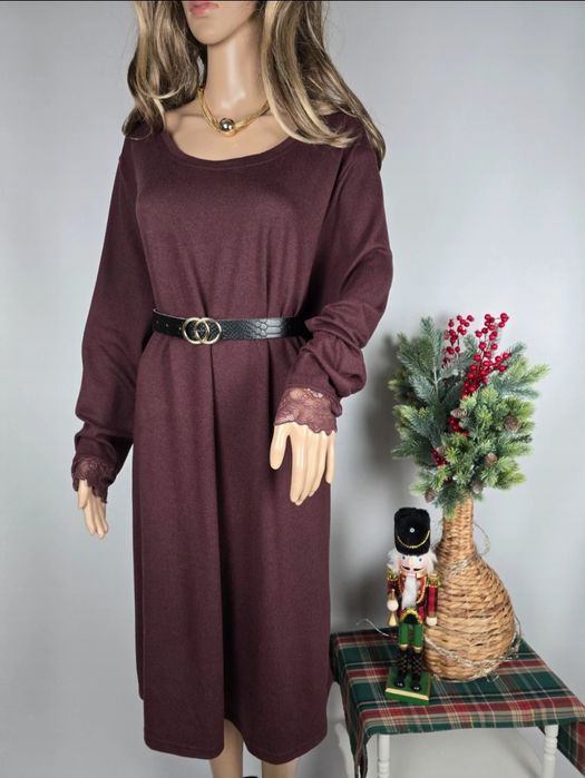 Bakłażanowa sukienka tunika dzianinowa rozszer⁷zany dół rękaw koronkow