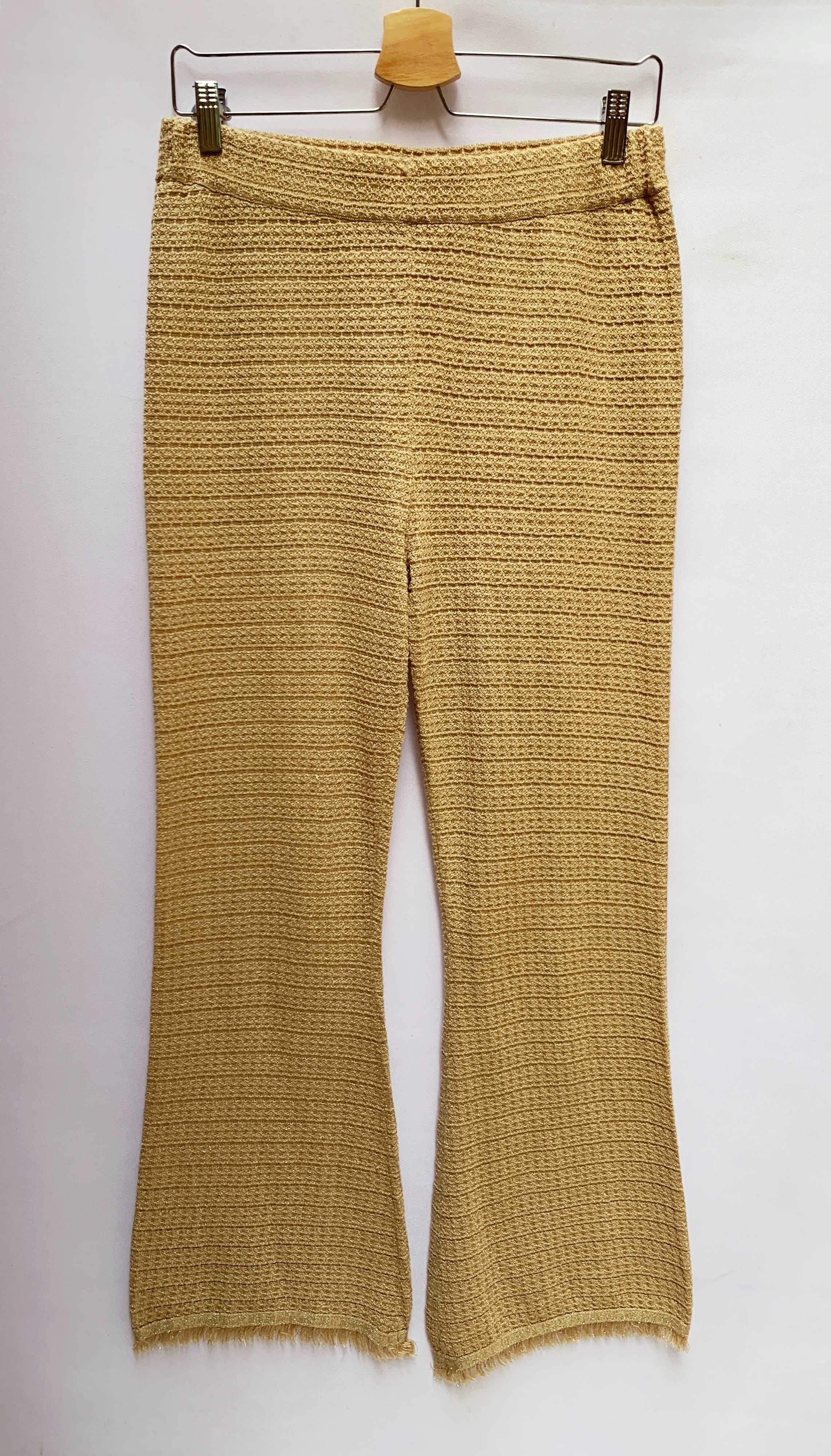 Spodnie Zara L 40 Złote Rozszerzane Frędzle Sweterkowe