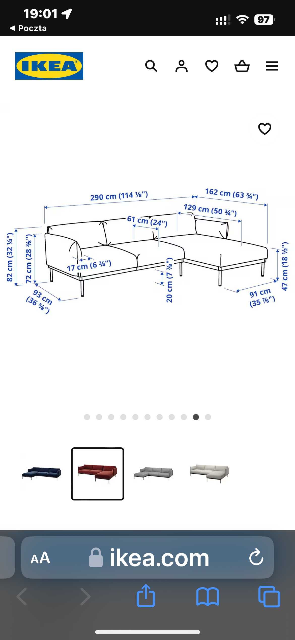 Sofa z szezlongiem APPLARYD Ikea kanapa UNIKAT  czerwonobrązowa