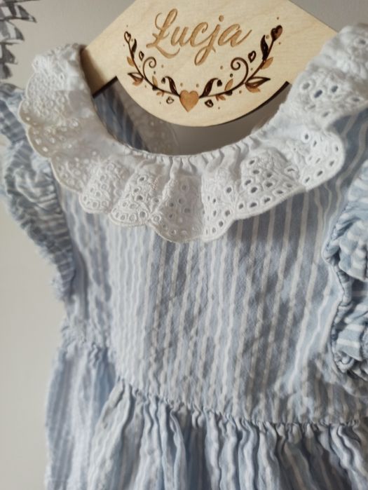 Sukienka Next błękitna niebieska w paski koronka kołnierzyk lato