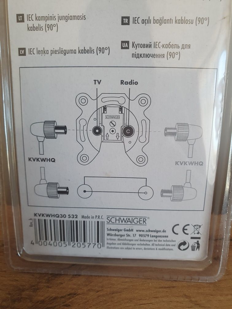 Kabel przyłączeniowy Antenowy KVKWHQ30 IEC 90° Schwaiger