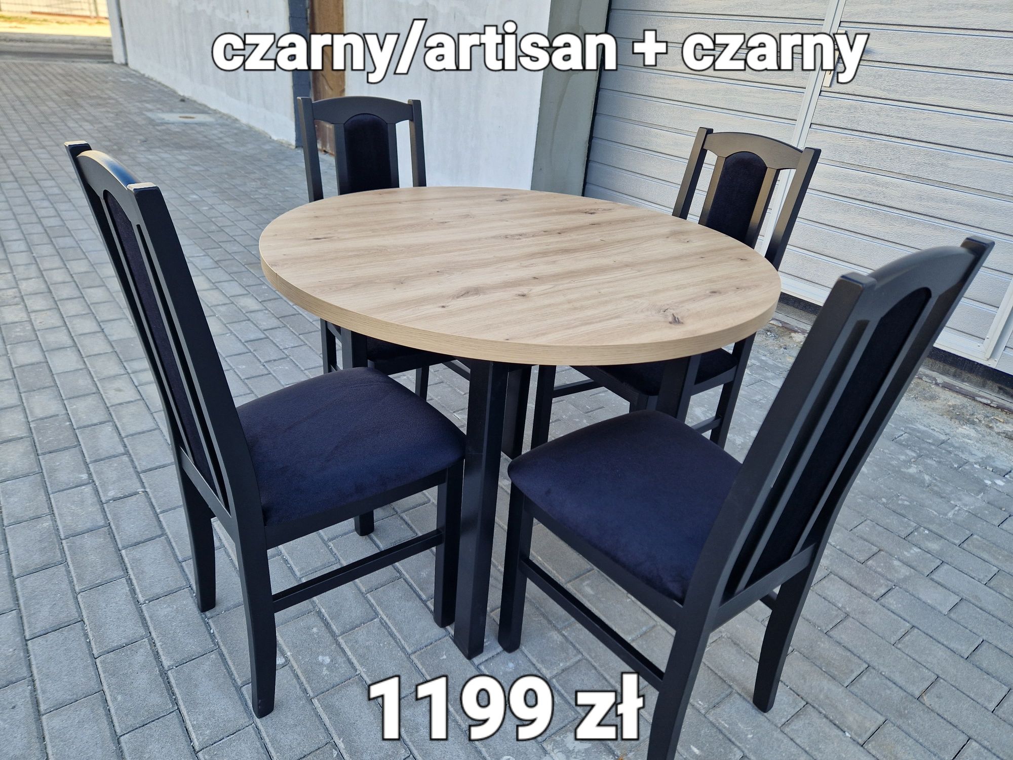 Nowe: Stół okrągły + 4 krzesła, czarny/artisan + czarny , transPL