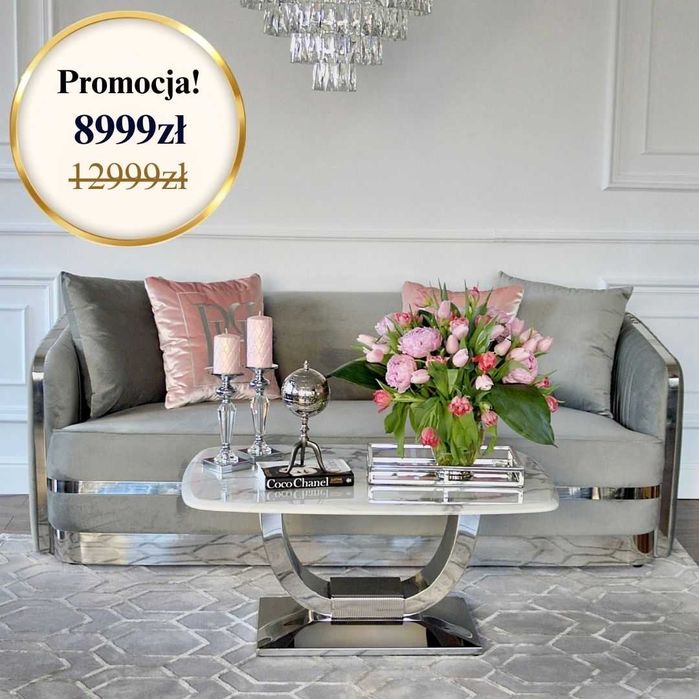 Sofa GLAMOUR MADONNA 210cm Szara Plisowana Welwet Srebrna OUTLET!