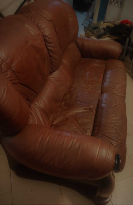 Conjunto de 2 Sofás em Madeira e Pele