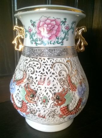 Unikatowy ażurowy ręcznie wykonany chiński wazon - pozłacany