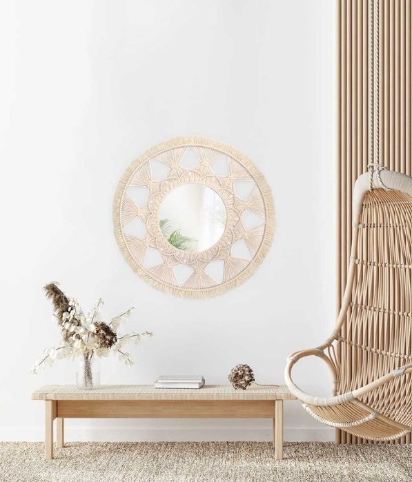 Nowe lustro ścienne boho okrągłe 65 cm makrama beż naturalne