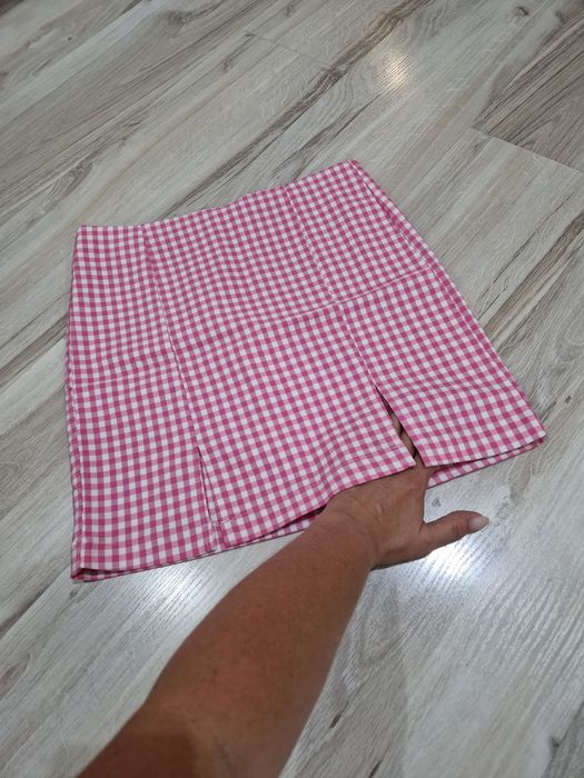 Spodniczka mini z rozcięciami, letnia spódniczka w kratkę, różowa
