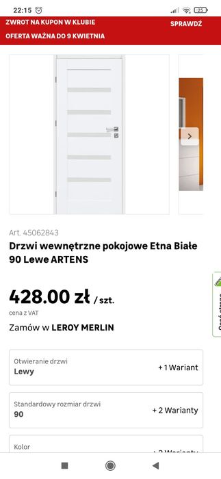 Drzwi wewnętrzne pokojowe lewe 90