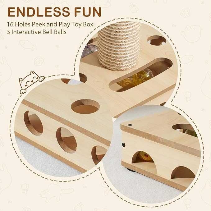 Zabawka interaktywna drewniana dla kota z 3 piłkami MEWOOFUN