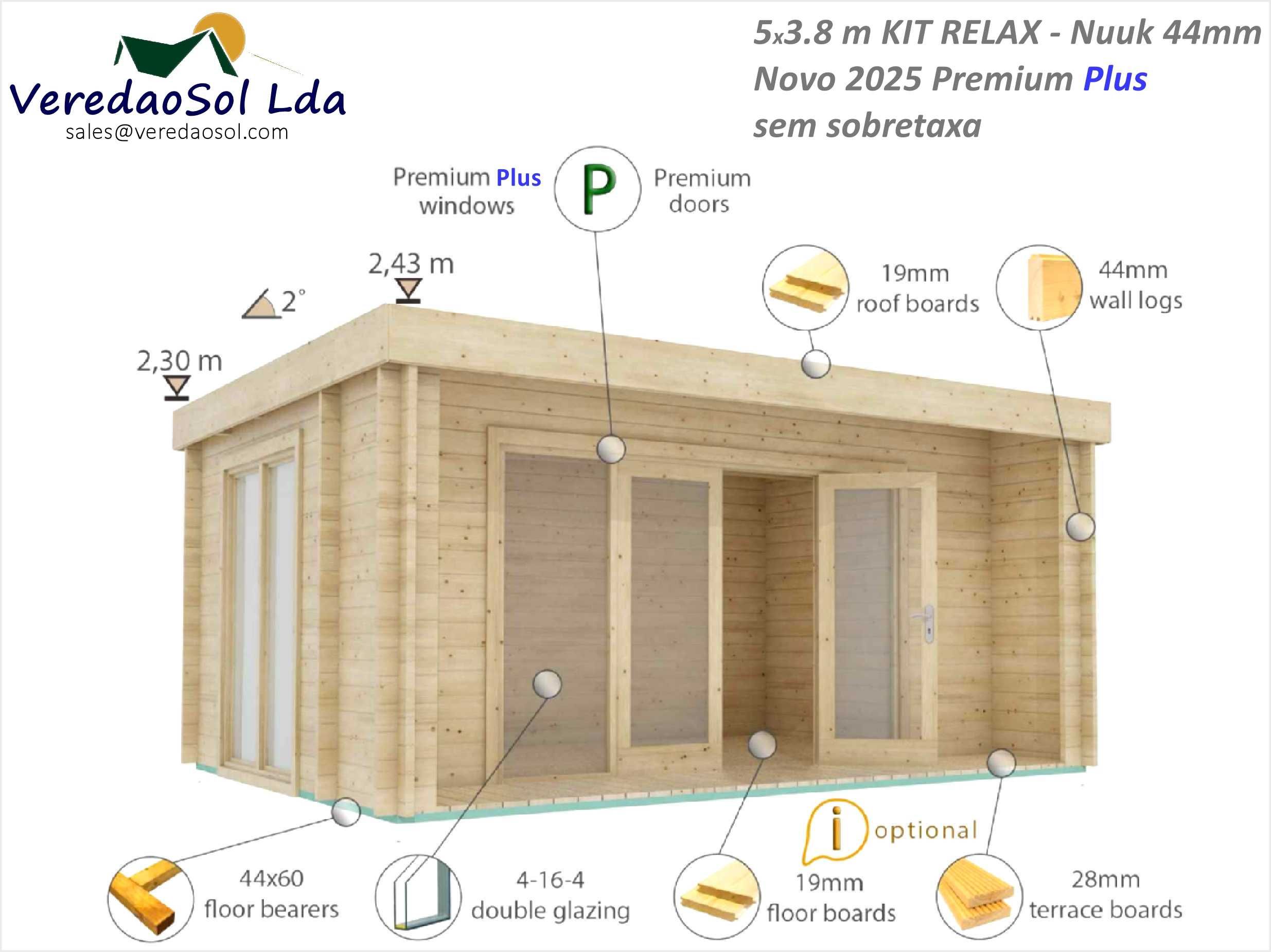 Casa madeira KIT RELAX - Nuuk  5x3.8m 44mm área coberta 22m²