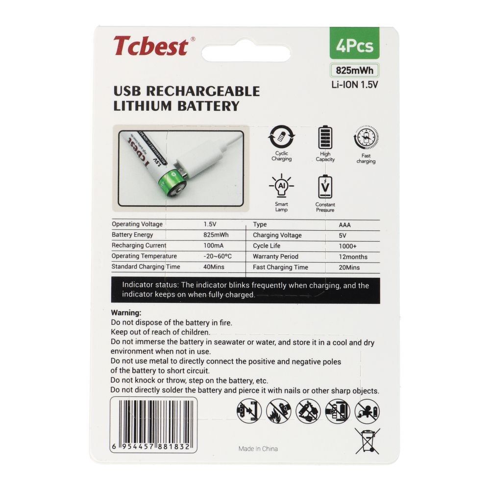 TCBEST bateria akumulatorowa R3 (AAA) 220 mAh z gniazdem Typ C