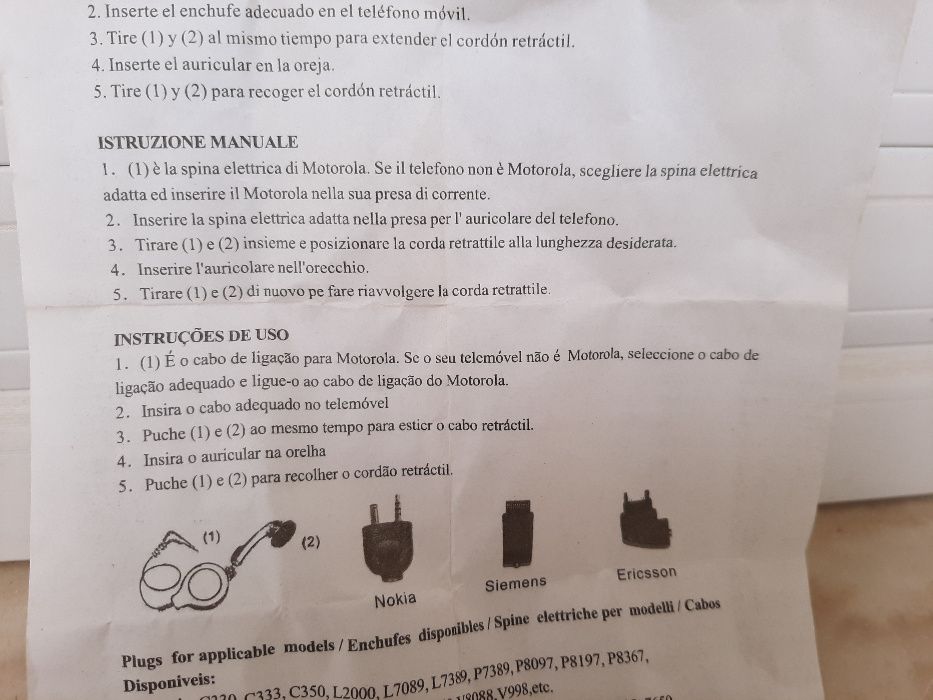 Cabos ligação auricular para Motorola,Nokia,Siemens e Ericsson.