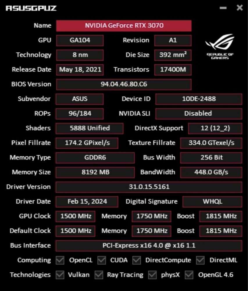 Karta graficzna RTX 3070 Asus TUF Gaming OC - GW 02.2026