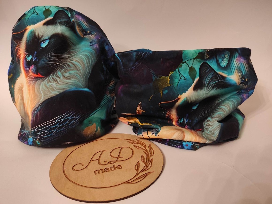 Komplet czapka komin Bawełniany Kot Majkun Maine Coon damski