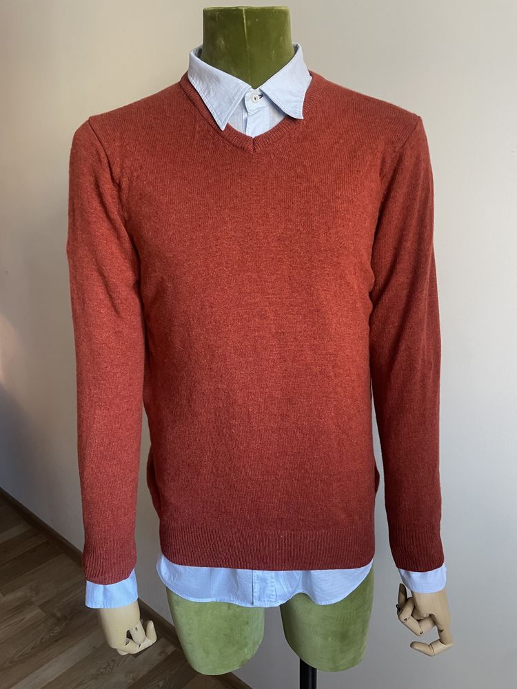 Męski sweter w serek Marks&Spencer M 100% wełna owcza jesień zima