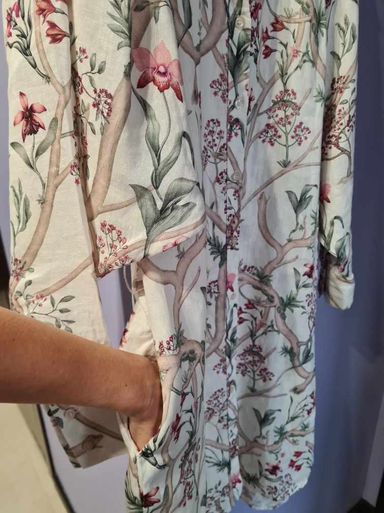 Sukienka midi H&M Johanna Ortiz M len bufiaste rękawy kieszenie pasek
