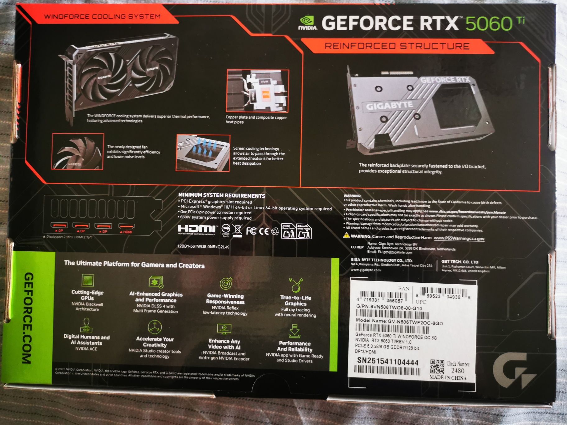 Відеокарта Gigabyte PCI-Ex GeForce RTX 5060 Ti WINDFORCE OC 8GB GDDR7