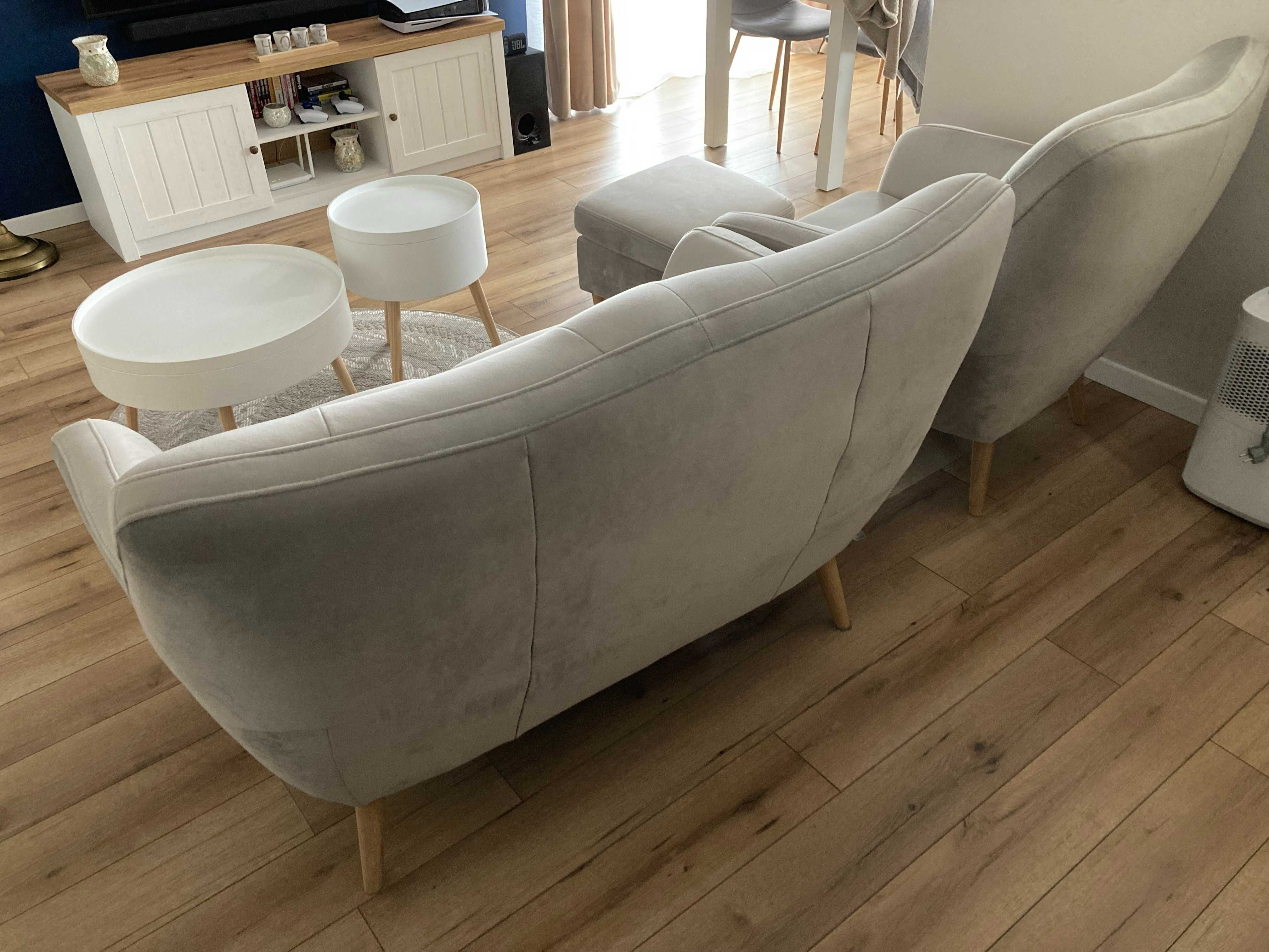 Zestaw wypoczynkowy sofa fotel uszak puf + stoliki kawowe + dywan