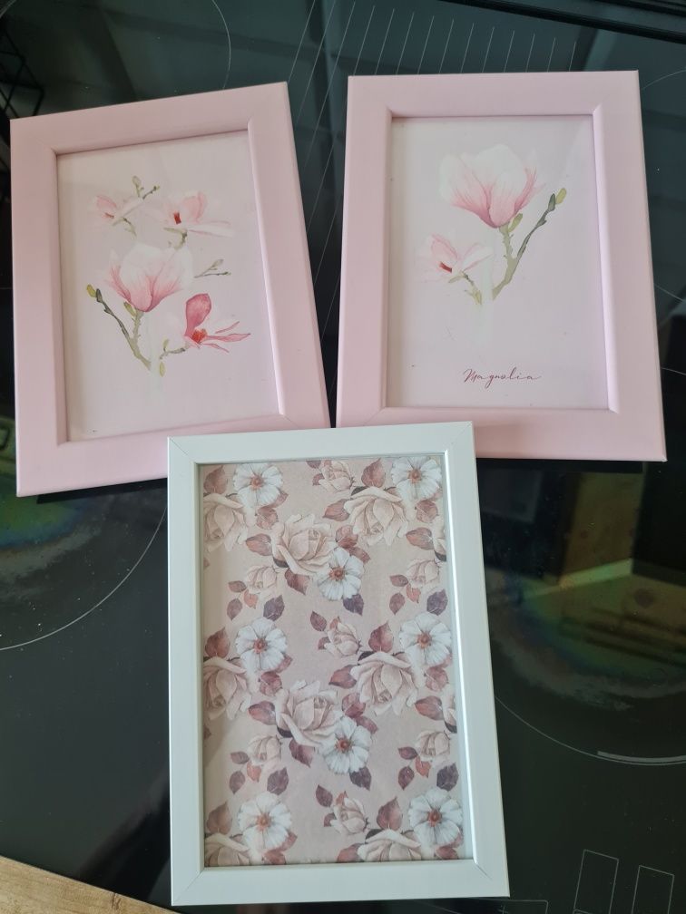 Ikea różowe ramki FIKSBO 10x15 cm + Action + plakaty magnolie 3 szt.
