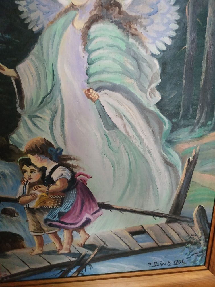 Anioł stróż dzieci na kładce,obraz olej na płótnie sprzedam