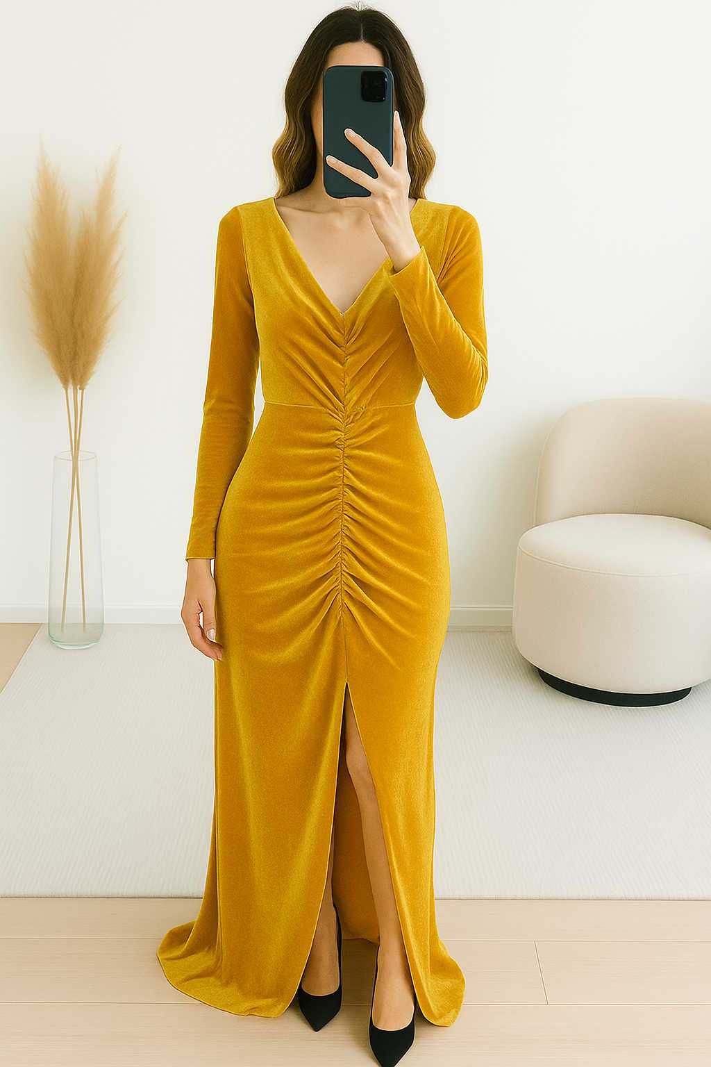 Sukienka wieczorowa Maxi Welurowa V-neck Roz. 36 (S) wesele studniówka