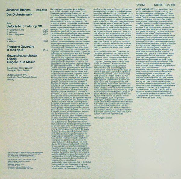 Brahms,Gewandhausorchester Leipzig,Kurt Masur ‎– Sinfonie Nr.3.Vinyl,1