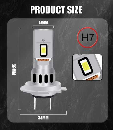 Lâmpada LED H7 6000K Branco 1:1 Mesmo tamanho do Halogéneo