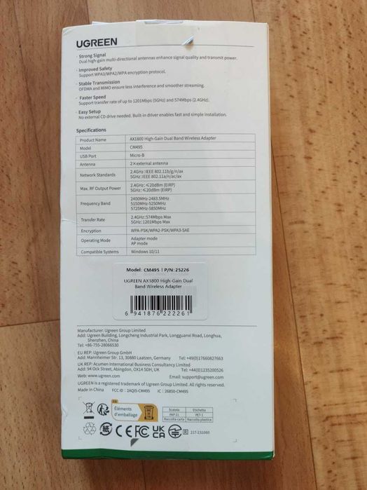 Wi-Fi Адаптер UGREEN AX1800 CM495 Wi-Fi6 5G & 2.4G
