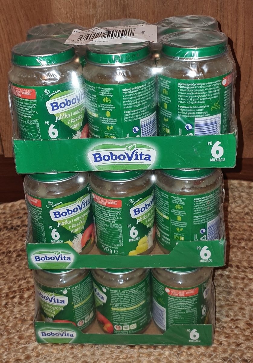 18x BOBOVITA deserek w słoiczku, Jabłka i Winogrona z kaszką manną 6m+