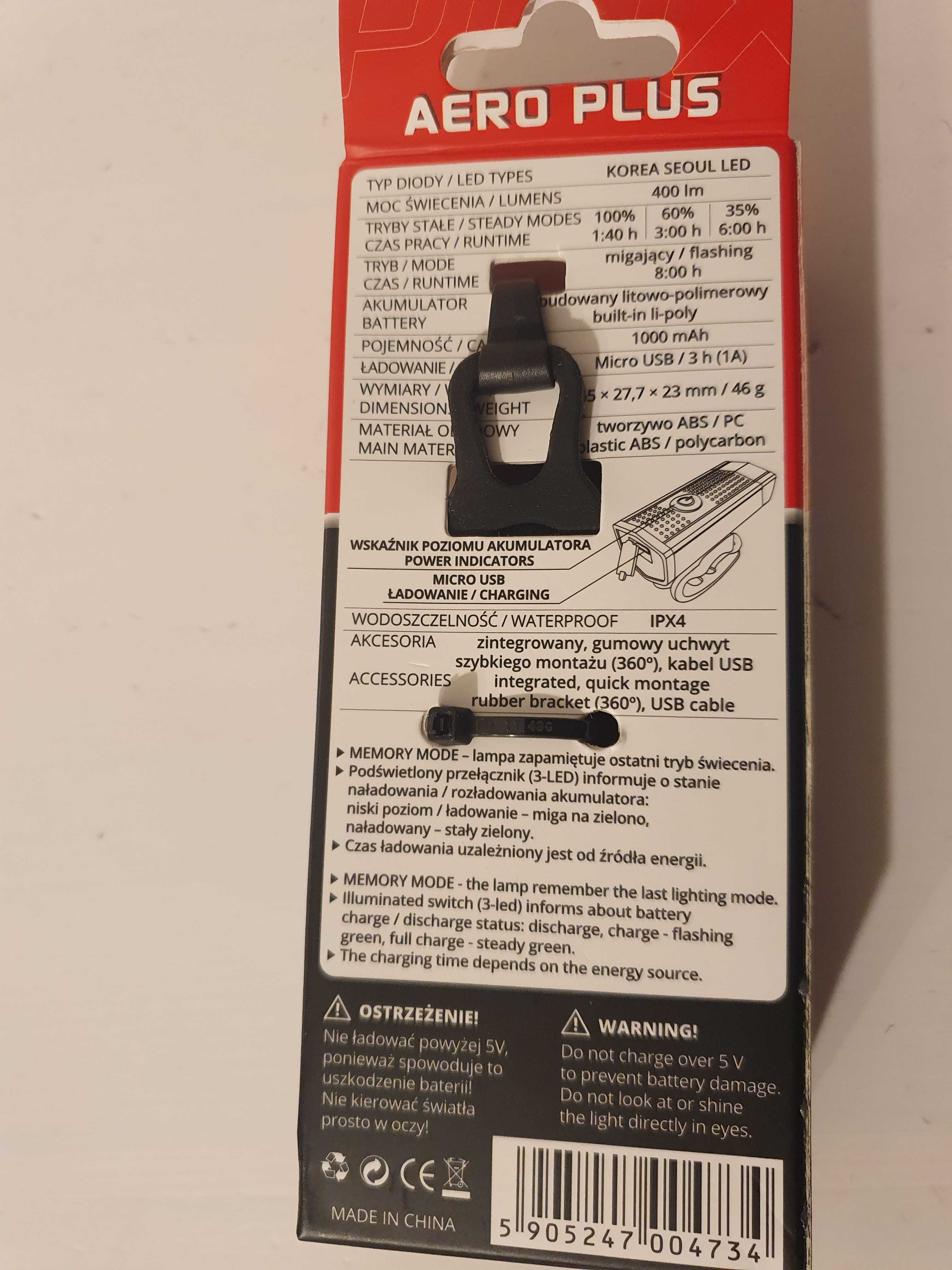 Nowa lampa rowerowa LED aero plus, prox series 4 tryby daleki zasięg