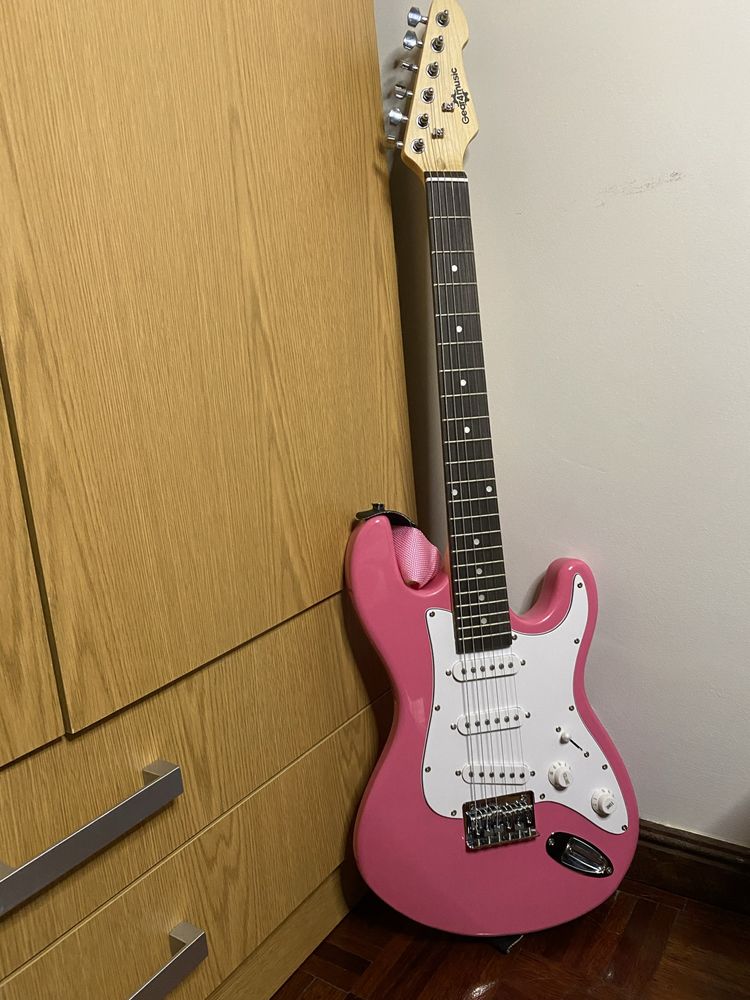 Guitarra Eléctrica Rosa + Pack com Amplificador 10W