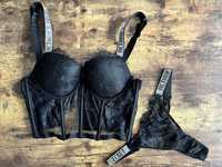 Victoria’s Secret gorset 75C stringi M 38 zdobieniami czarny koronkowy