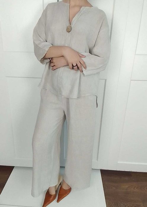 Nowy lniany komplet szerokie spodnie koszula 100% len S M L uniwersaln