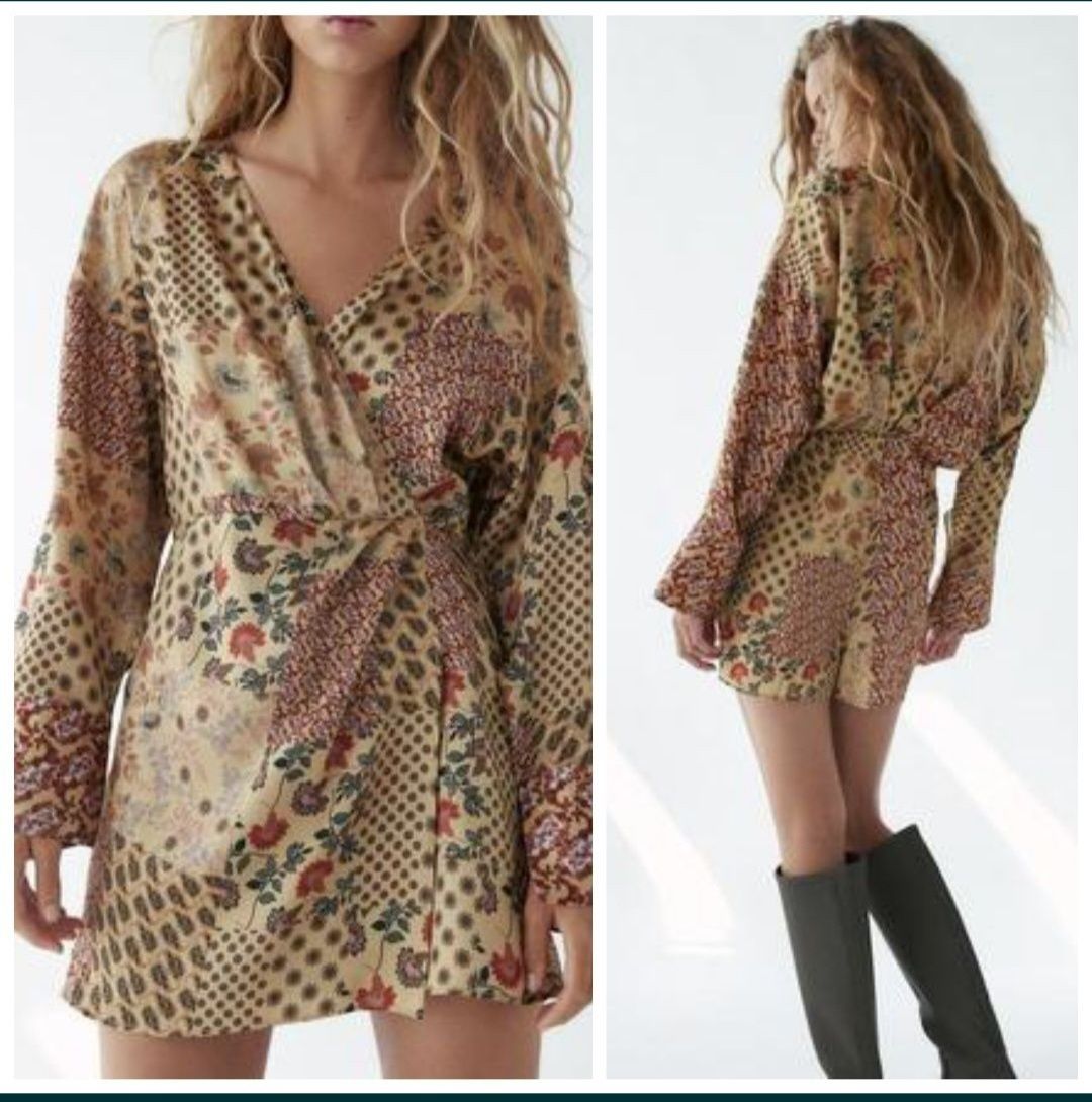 Zara modny stylowy kombinezon sukienka wzór roz Xs satynowa