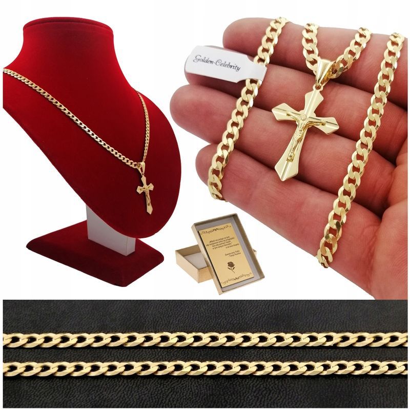 Złoty Męski Łańcuszek Pancerka + Krzyżyk Jezus 925/585/4,5mm 14k + Gra
