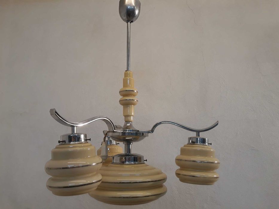 Żyrandol przedwojenny art deco 3 ramienny srebrny chrom uranowe szkło
