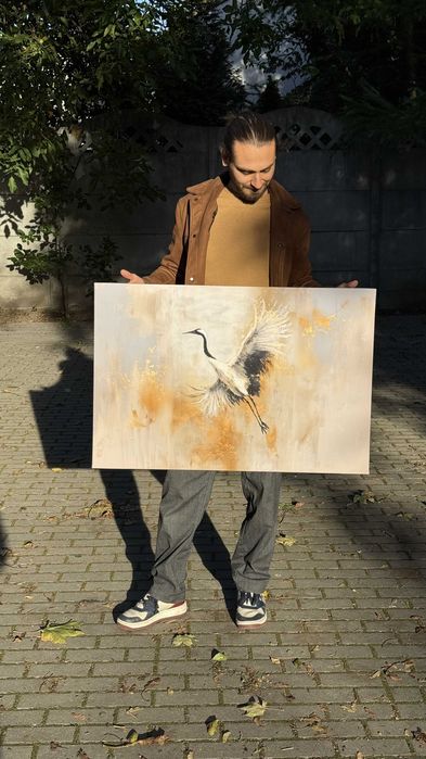 Obraz na płótnie z żurawiem w beżu i złocie 90x60