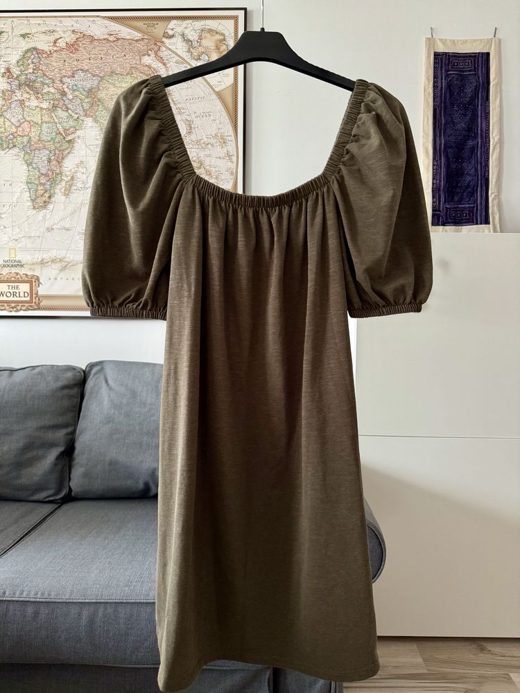 Luźna sukienka z bufiastymi rękawami H&M oliwkowa rozmiar XS