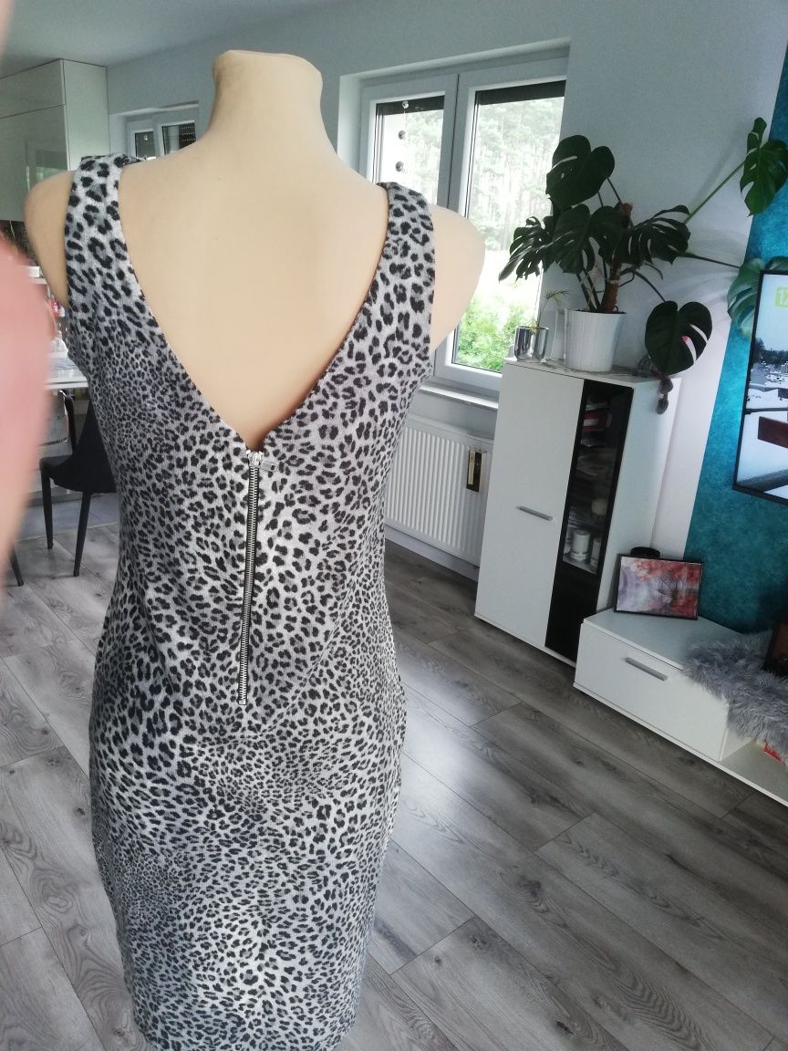 R. M Zara mięciutka ciepła dzianinowa sukienka w panterkę leopard szar