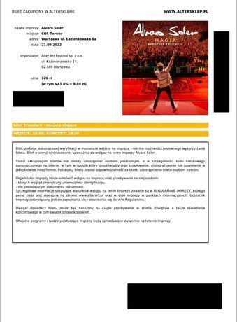 Bilet na koncert Alvaro Soler 21.09.2022r. COS Torwar Warszawa