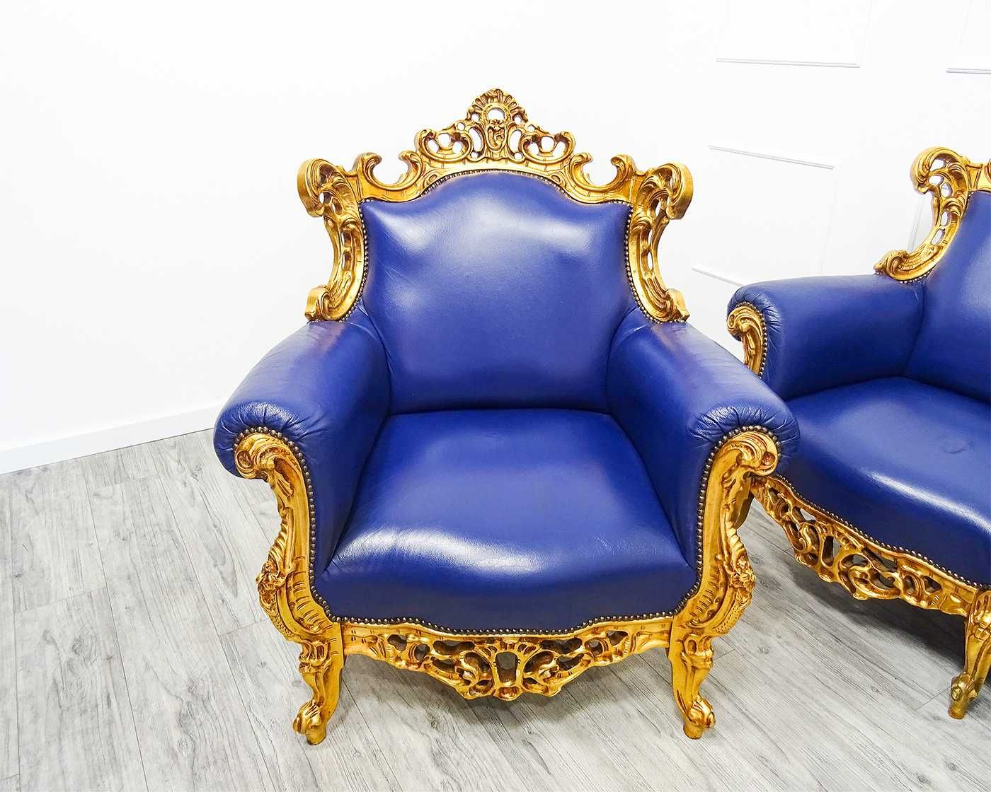 Włoski KOMPLET mebliI do SALONU Ludwik BUK skóra KANAPA + SOFA + FOTEL
