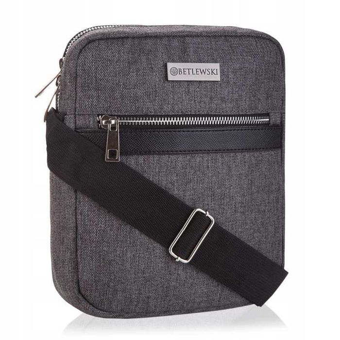 BETLEWSKI Torba Męska Listonoszka Materiałowa Sportowa Na Pasku Szara