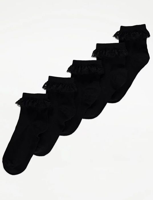 27-30 George UK9-12 5pak czarne bawełniane skarpety z falbanką koronka