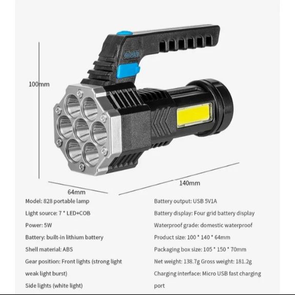 Latarka akumulatorowa LED_duża moc 7Led_ładowanie USB.