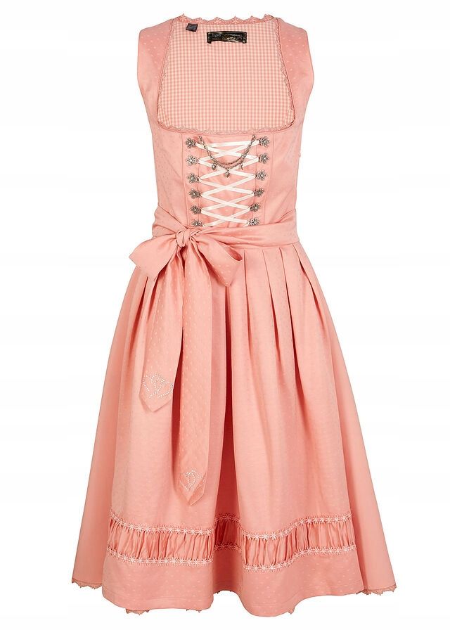 B.P.C. sukienka ludowa brzoskwiniowa z satynowym fartuchem 42.