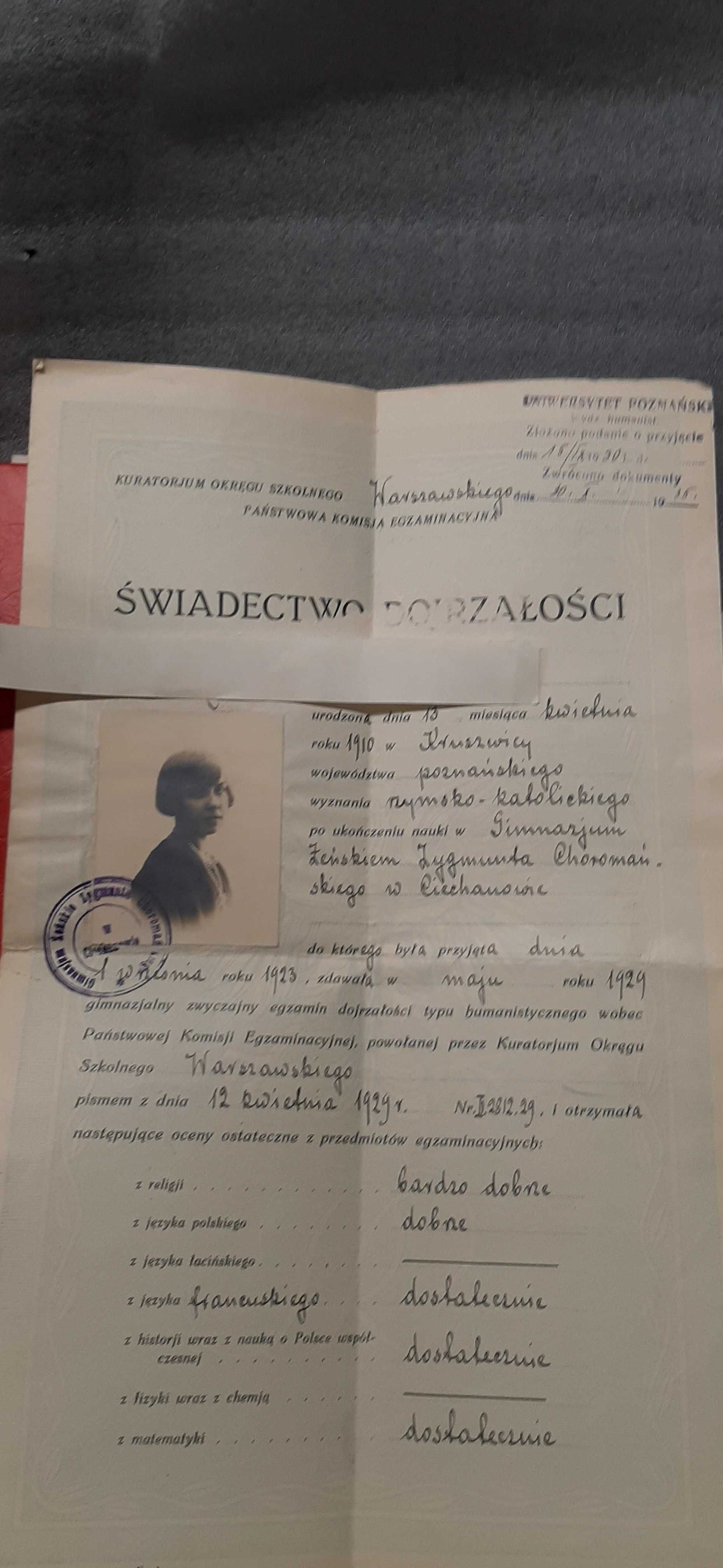 Świadectwo dojrzałości  1929r Ciechanów