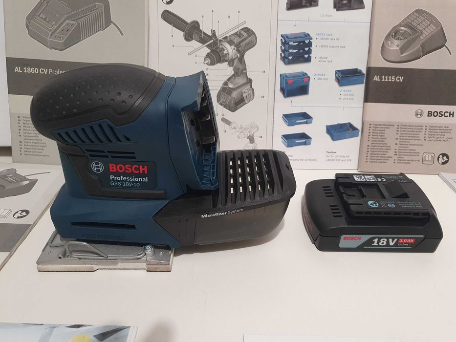 Ładny komplet BOSCH GSS 18V-10 szlifierka oscylacyjna aku 18v nowa