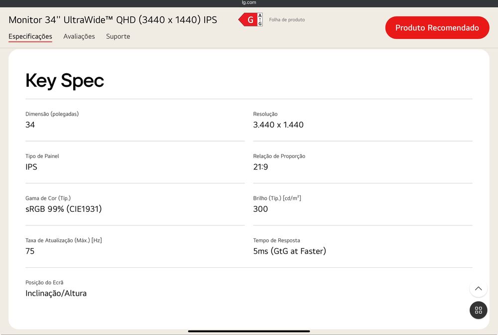 Monitor LG 34'' Polegadas UltraWide QHD (3440 x 1440) IPS LED