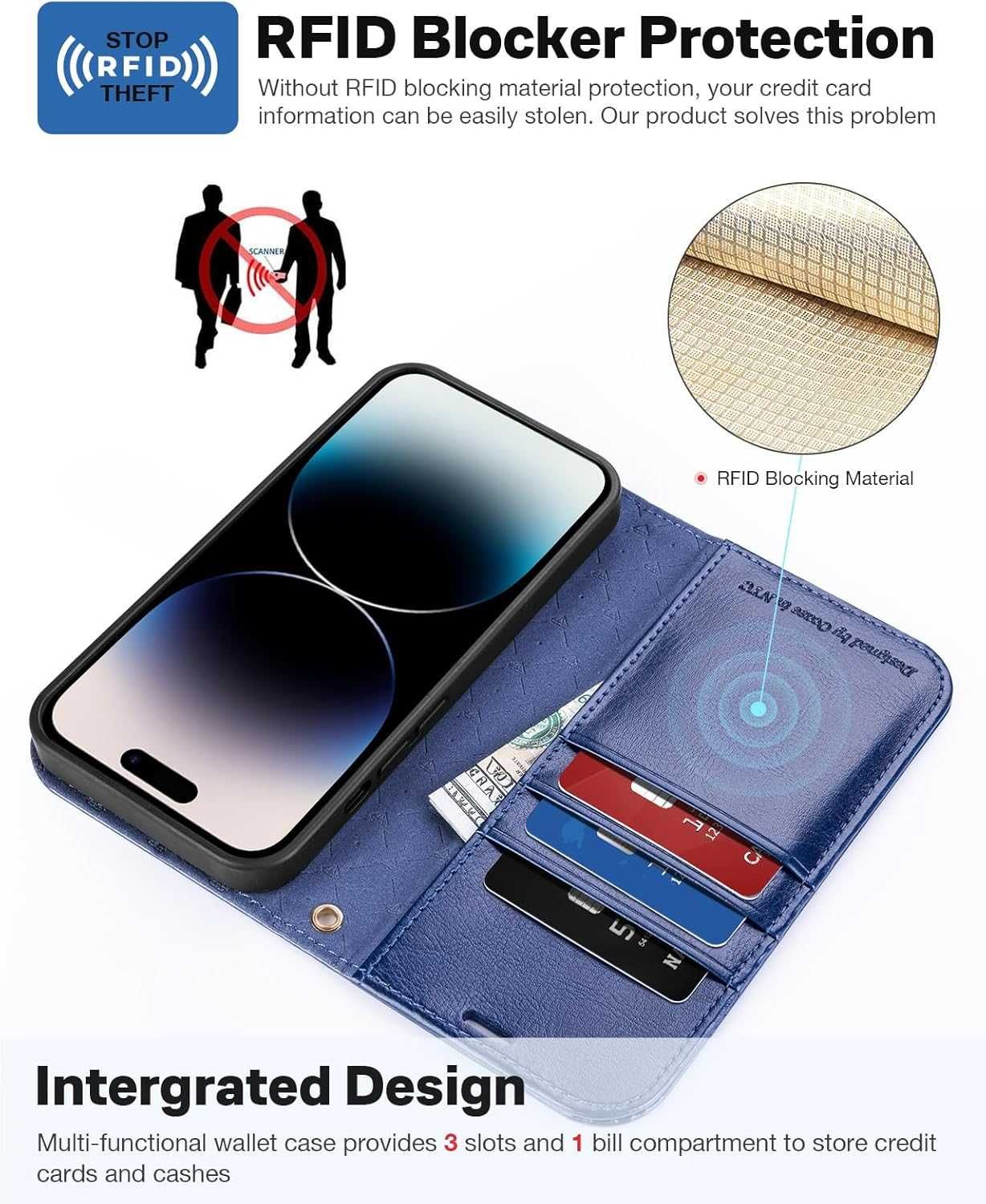 Ocase etui skórzane iPhone 15 Pro stojak magsafe granatowe portfel 2w1